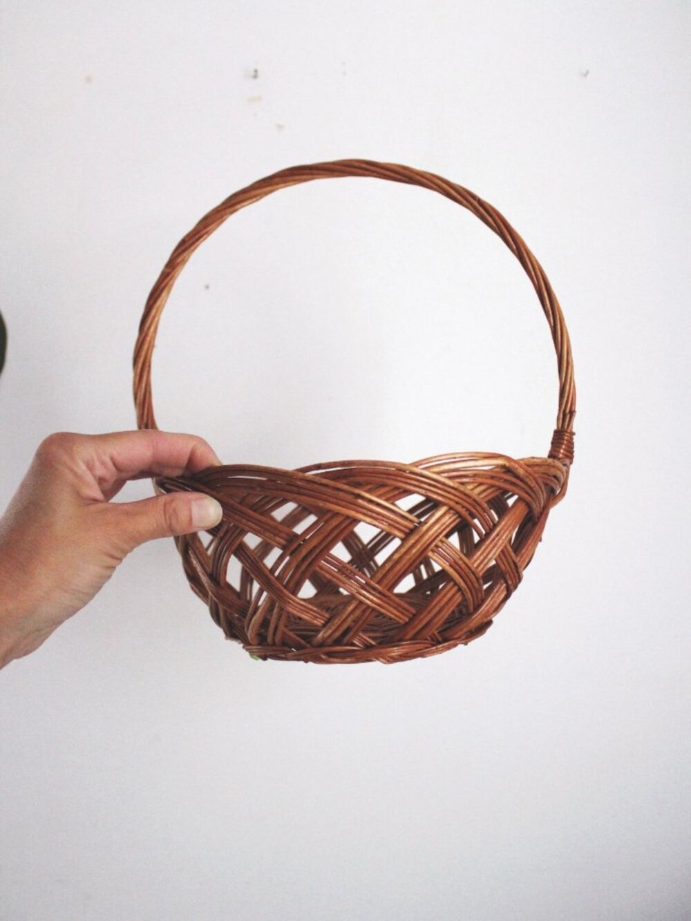 Vintage Woven Rattan Basket Handle Gathering Harvest Rustic Farmhouse Cottagecor